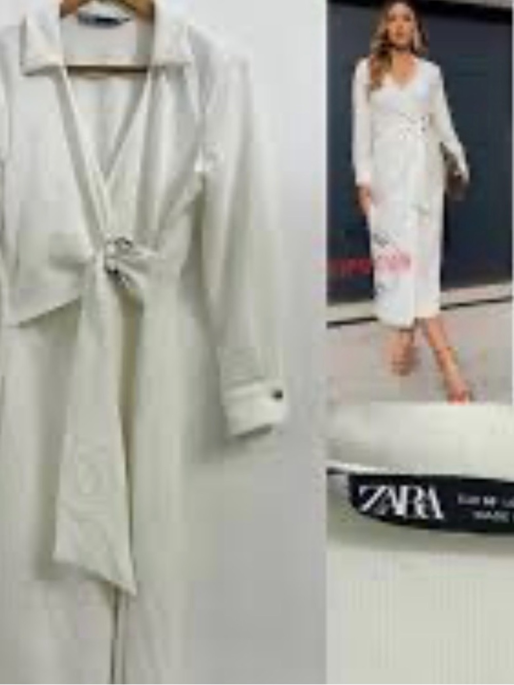 Zara White Faux Wrap Dress with Tie Waist